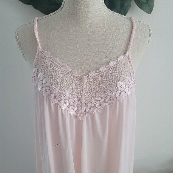 Shadowline Vintage Nylon Peignoir Pink Long Lace Sleevless Night Gown Robe Set S - Picture 8 of 16